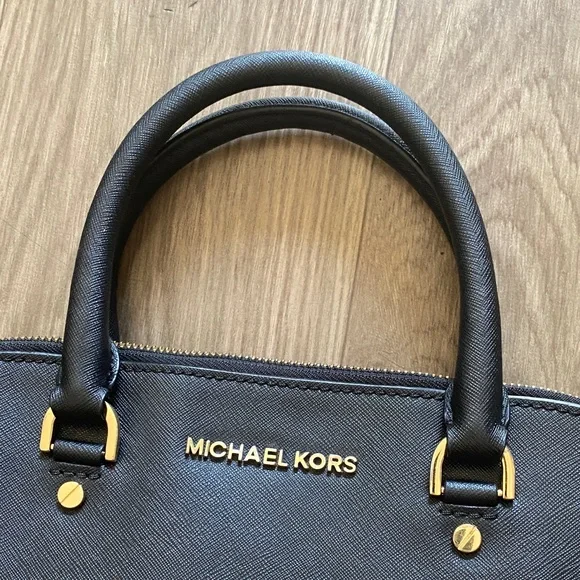 Michael Kors Black Saffiano Leather Satchel Bag Gold Hardware - Picture 2 of 16
